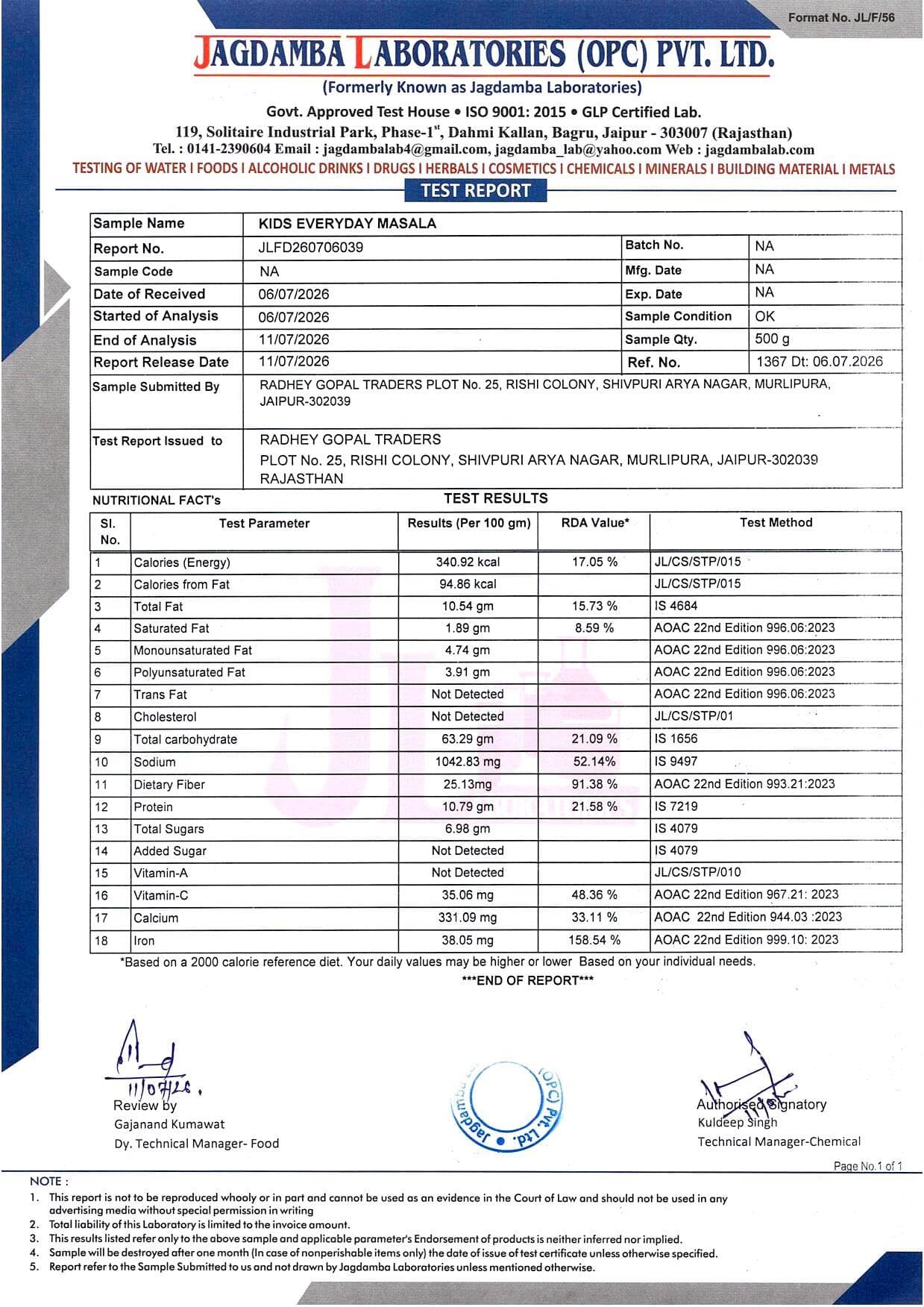 Kids Everyday Masala Lab Report Preview