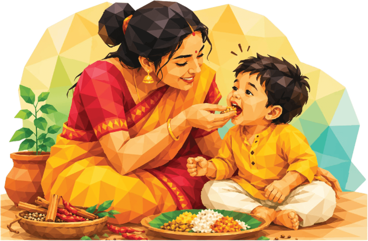 Indian mother feeding her little boy a warm wholesome meal