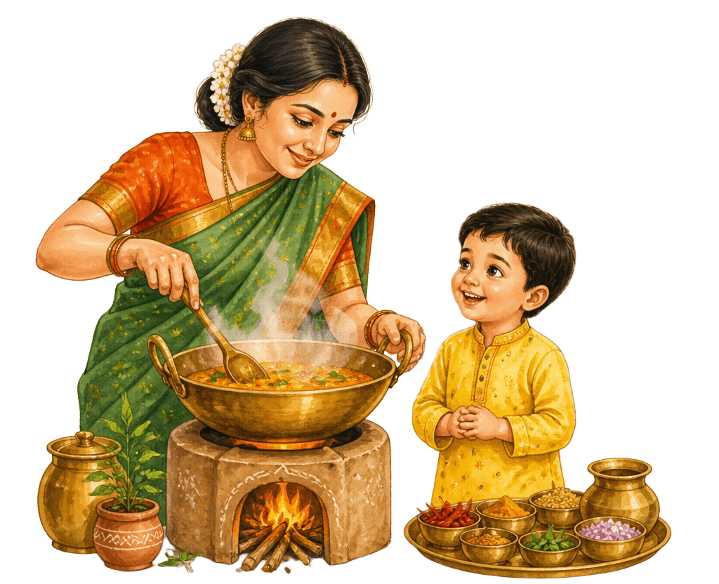 Indian mother in green saree cooking at traditional stove while her little son watches happily